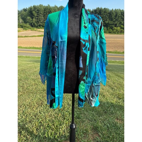 Drapers & Damons Silk Cardigan Patchwork Open Front Sz M Fairy Glam Flowy Dressy - Picture 11 of 12